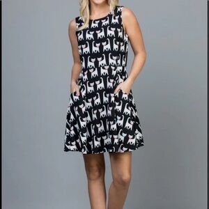LA Soul Cat Print Fit & Flare Dress Size M Black White Sleeveless Tie Waist